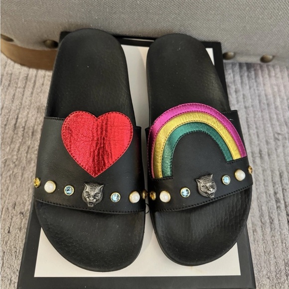 Shoes - Gucci black Women's Slide Sandals with Red Heart & Rainbow Accent